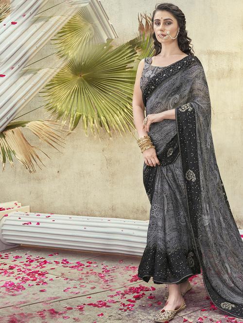 women black paisely printed saree - 20586335 - Very Small Image - 1