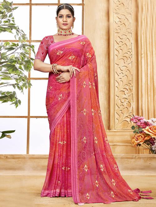 women pink printed mirror work saree - 20586358 - Very Small Image - 1