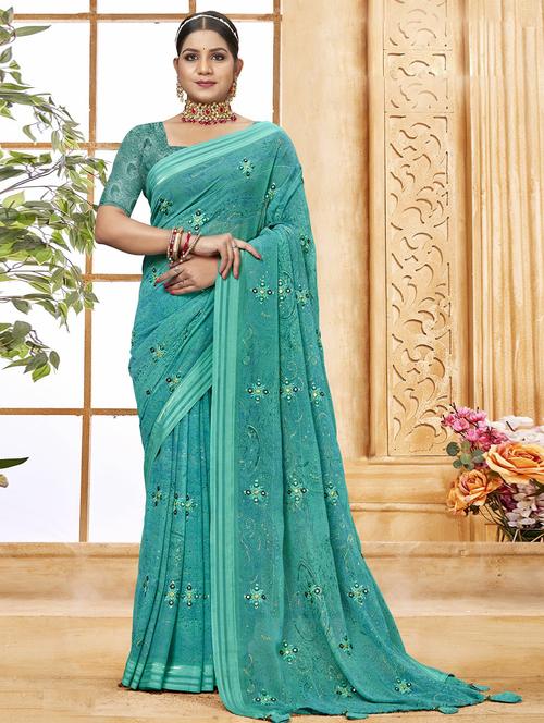 women turquoise printed mirror work saree with blouse - 20586364 - Very Small Image - 1
