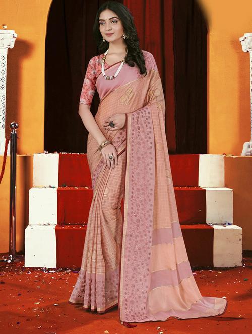 women peach & pink printed bordered saree with blouse - 20586429 - Very Small Image - 1