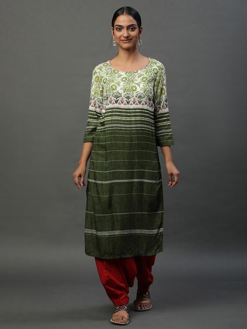 women green round neck straight kurta - 20591227 - Very Small Image - 1