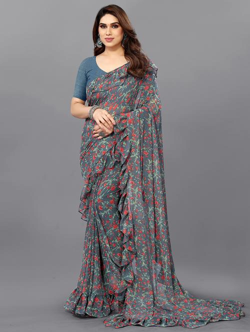 women floral printed ruffle saree with blouse - 20591474 - Very Small Image - 1