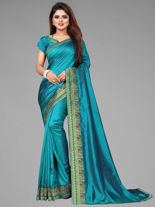 women light blue solid bordered saree with blouse - 20591533 - Very Small Image - 1