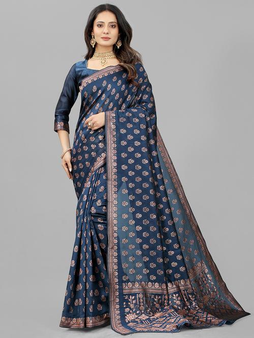 women navy blue kanjivaram saree with blouse - 20591815 - Very Small Image - 1