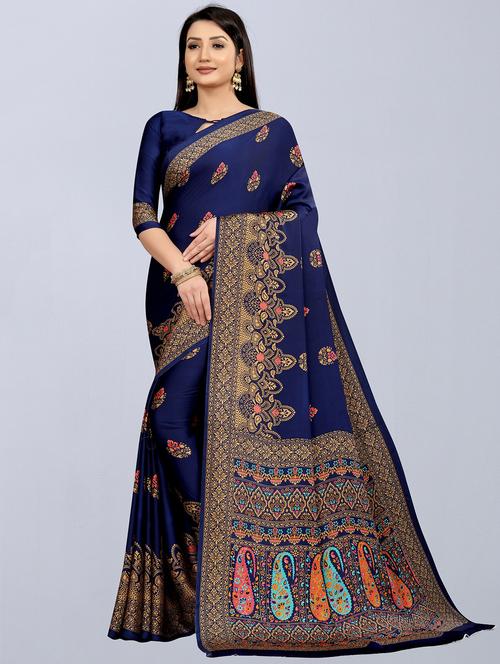 women navy blue floral printed saree with blouse - 20592219 - Very Small Image - 1