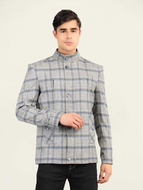 men grey & blue checked woollen casual blazer - 20592477 - Very Small Image - 1