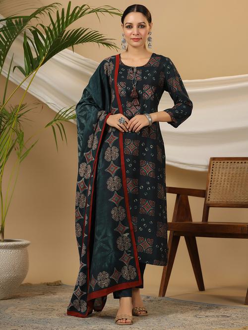 teal three quarter sleeve suit set - 20592523 - Very Small Image - 1