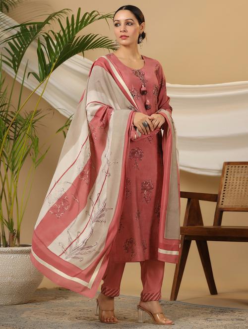 peach three quarter sleeve suit set - 20592527 - Very Small Image - 1