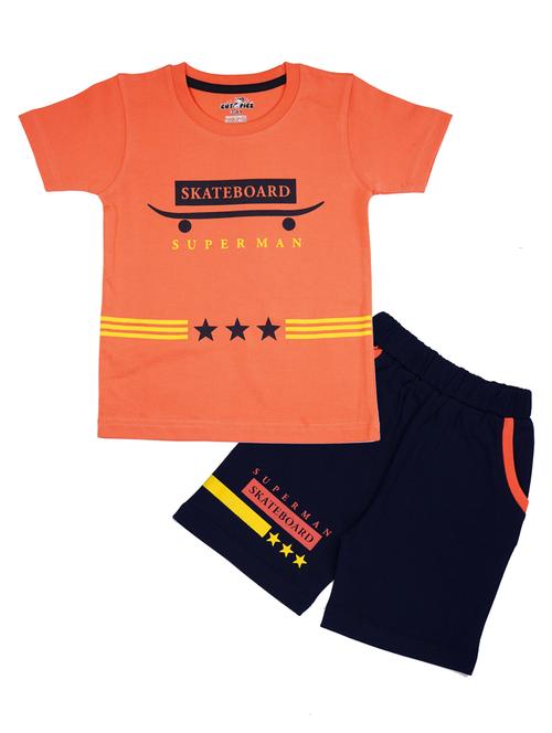boys orange & navy blue printed shorts twin set - 20592692 - Very Small Image - 1