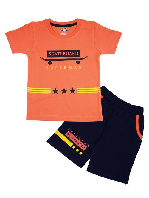 boys orange & navy blue printed shorts twin set - 20592693 - Very Small Image - 1
