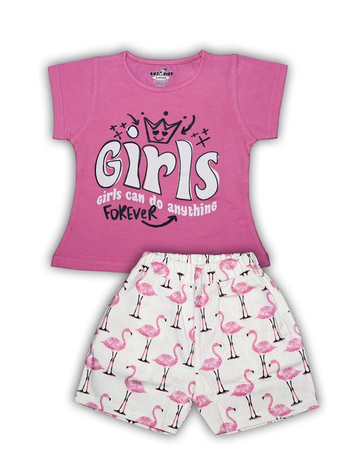 girls round neck typographic regular t-shirt & quirky shorts set - 20593325 - Very Small Image - 1