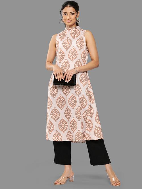 women beige mandarin neck a-line kurta - 20593506 - Very Small Image - 1