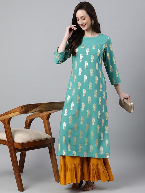turquoise three quarter sleeve straight kurta - 20593517 - Very Small Image - 1