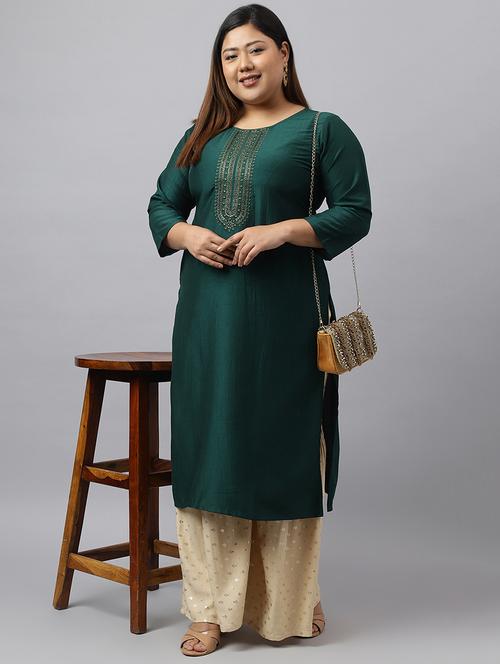 green embroidered plus size straight kurta - 20594086 - Very Small Image - 1