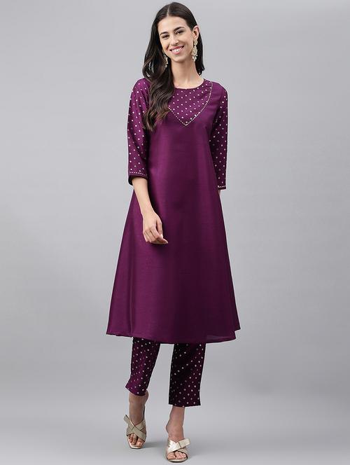 purple three quarter sleeve kurta pant set - 20594289 - Very Small Image - 1