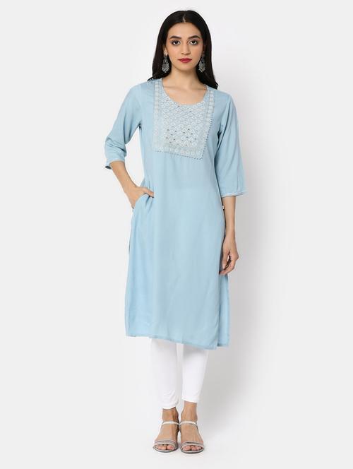 light blue solid with work rayon straight kurta - 20594628 - Very Small Image - 1