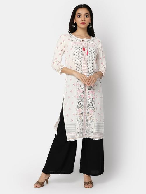 off white printed rayon straight kurta - 20594655 - Very Small Image - 1