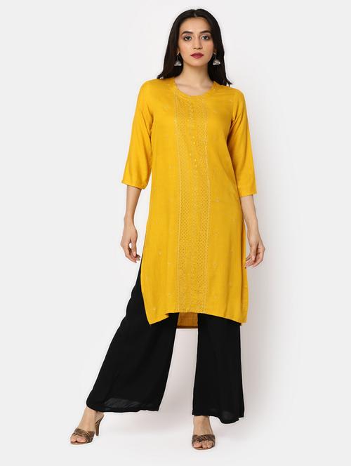 yellow embroidered rayon straight kurta - 20594657 - Very Small Image - 1