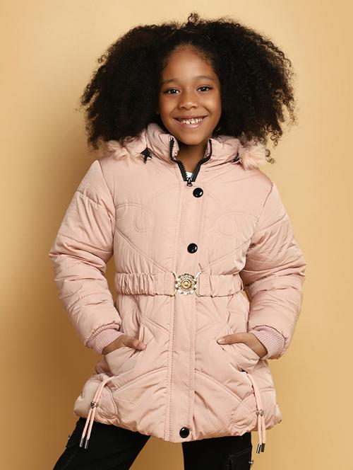 kids peach solid detailed hooded jacket - 20596094 - Very Small Image - 1