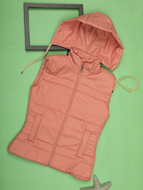 girls peach solid sleeveless quilted jacket - 20596099 - Very Small Image - 1