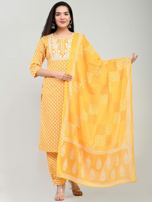women yellow round neck kurta salwar set with dupatta - 20596189 - Very Small Image - 1