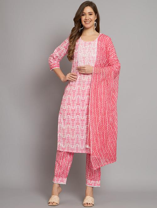 women pink floral printed neck detailed kurta & pant set - 20596259 - Very Small Image - 1