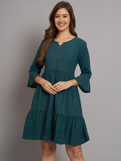 women notch neck schiffli tiered ethnic dress - 20596364 - Very Small Image - 1