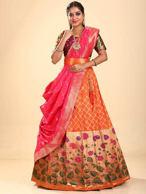 orange self design semi stitched lehenga - 20602678 - Very Small Image - 1
