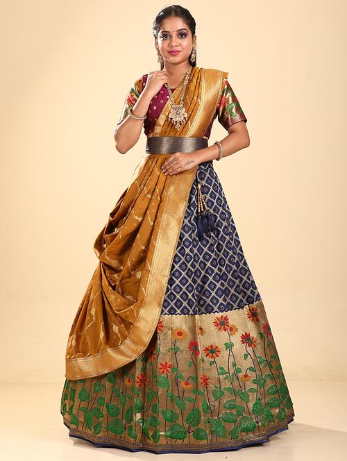 navy blue self design semi stitched lehenga - 20602686 - Very Small Image - 1