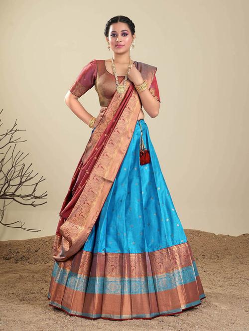 turquoise self design semi stitched lehenga - 20602693 - Very Small Image - 1