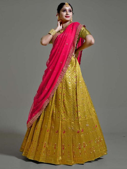 gold self design semi stitched lehenga - 20602695 - Very Small Image - 1