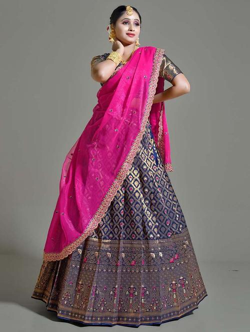 navy blue self design semi stitched lehenga - 20602701 - Very Small Image - 1