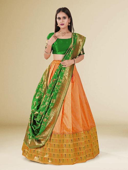 orange self design semi stitched lehenga - 20602708 - Very Small Image - 1