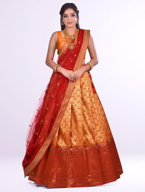 orange self design semi stitched lehenga - 20602743 - Very Small Image - 1