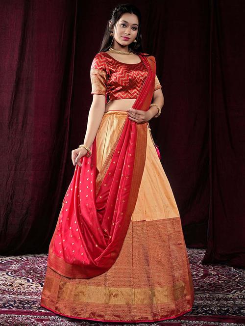 peach self design semi stitched lehenga - 20602753 - Very Small Image - 1