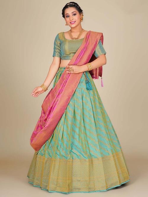 turquoise self design semi stitched lehenga - 20602798 - Very Small Image - 1