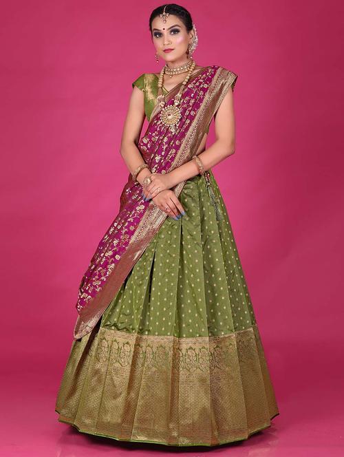 olive self design semi stitched lehenga - 20602805 - Very Small Image - 1