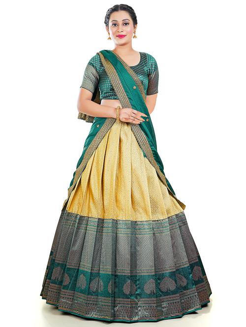 bottle green & yellow self design semi stitched lehenga - 20602819 - Very Small Image - 1
