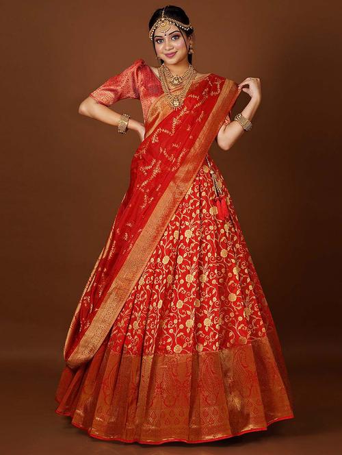 red self design semi stitched lehenga - 20602851 - Very Small Image - 1