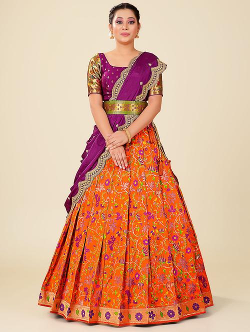 orange self design semi stitched lehenga - 20602878 - Very Small Image - 1