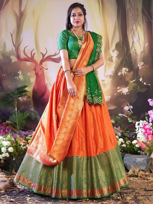 orange self design semi stitched lehenga - 20602887 - Very Small Image - 1