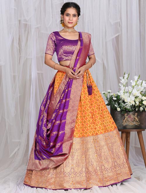 orange & purple self design semi stitched lehenga - 20602951 - Very Small Image - 1