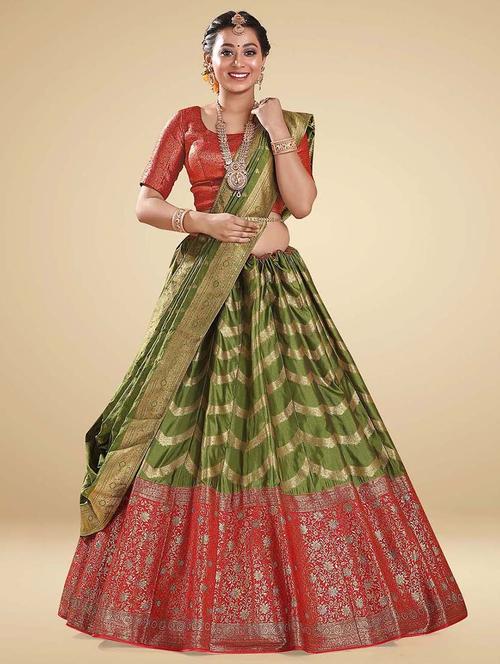 olive self design semi stitched lehenga - 20603069 - Very Small Image - 1