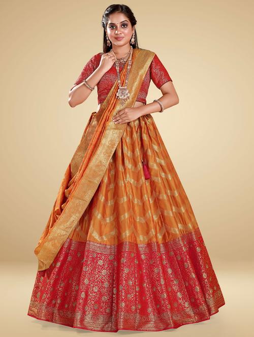 orange self design semi stitched lehenga - 20603080 - Very Small Image - 1