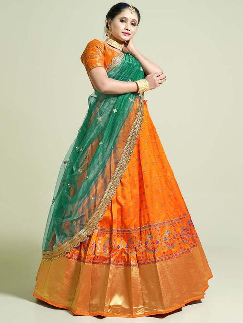 orange self design semi stitched lehenga - 20603104 - Very Small Image - 1