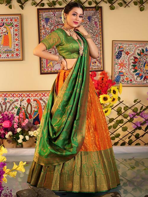 orange self design semi stitched lehenga - 20603163 - Very Small Image - 1