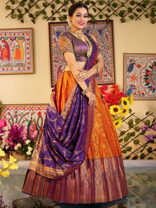 orange & purple self design semi stitched lehenga - 20603168 - Very Small Image - 1