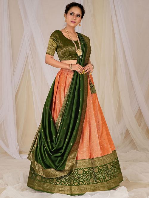 orange self design semi stitched lehenga - 20603256 - Very Small Image - 1