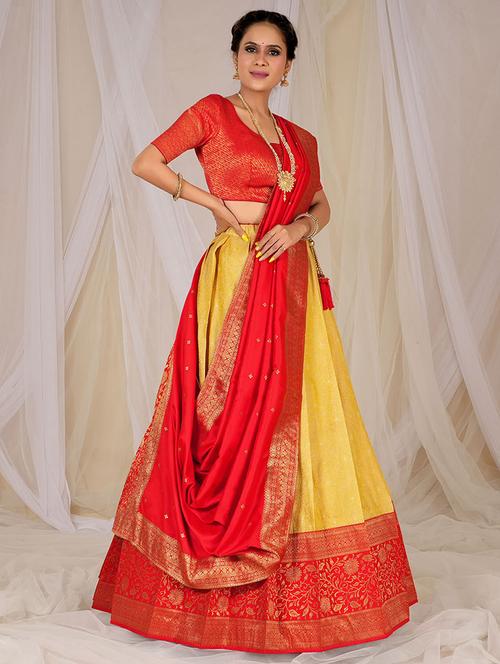 yellow self design semi stitched lehenga - 20603262 - Very Small Image - 1