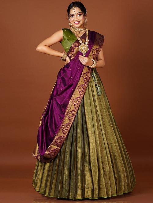 olive self design semi stitched lehenga - 20603409 - Very Small Image - 1